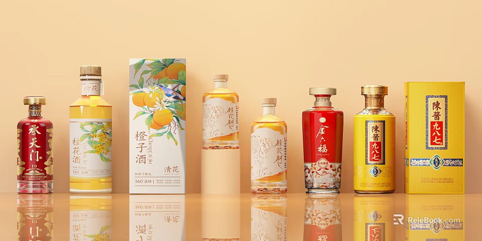 Colorful Wine Bottles and Glasses with Various Designs and Orange Pattern Packaging Boxes 3d model