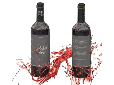 Elegant Wine Bottles and Wine Glasses with Splashing Red Wine Details 3d model