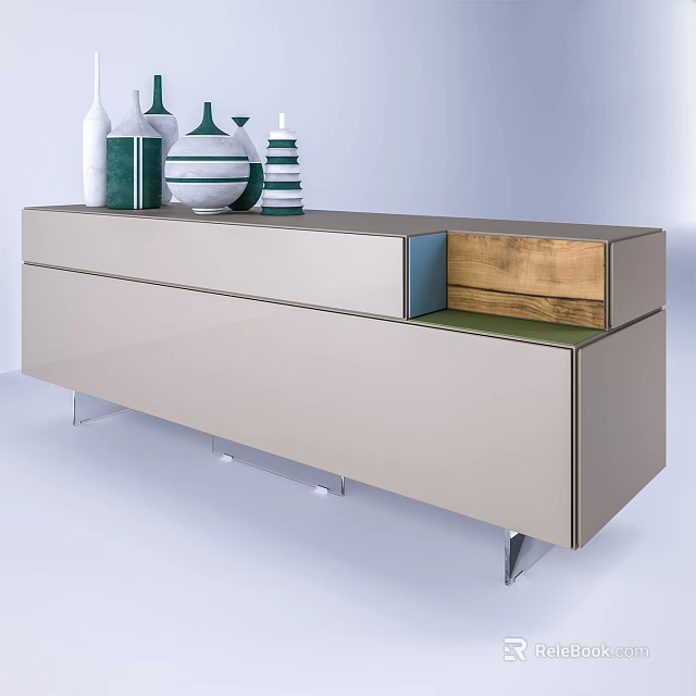 Modern Light Beige TV Stand With Metal Legs Storage Drawers And Decorative Vases On Top 3d model 