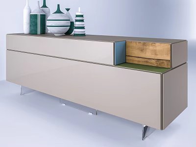 Modern Light Beige TV Stand With Metal Legs Storage Drawers And Decorative Vases On Top 3d model