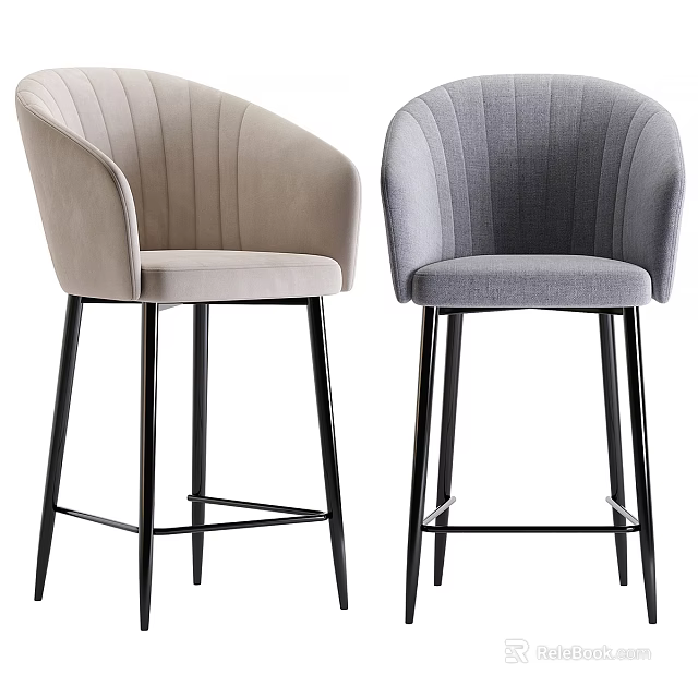 Modern Beige And Gray Bar Stools With Pleated Backrest Black Metal Legs And Padded Seat 3d model 