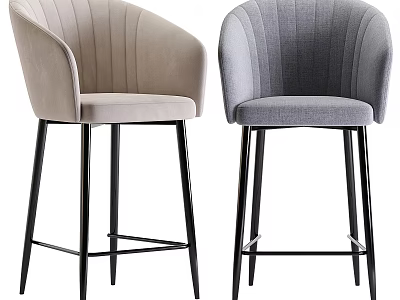 Modern Beige And Gray Bar Stools With Pleated Backrest Black Metal Legs And Padded Seat 3d model