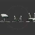 Three White Robots with Spider Like Legs Antennas and Green Indicator Lights on Black Background