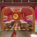 Modern Stylish Restaurant Interior With Neon Lights Red Walls Dining Tables And Display Shelves