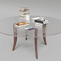 Modern Round Glass Coffee Table with Wooden Legs and Stacked Books Pencil Holder on Top