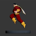 Game Movie Character in Red and Yellow Costume with Cape Jumping on Blue Glowing Base