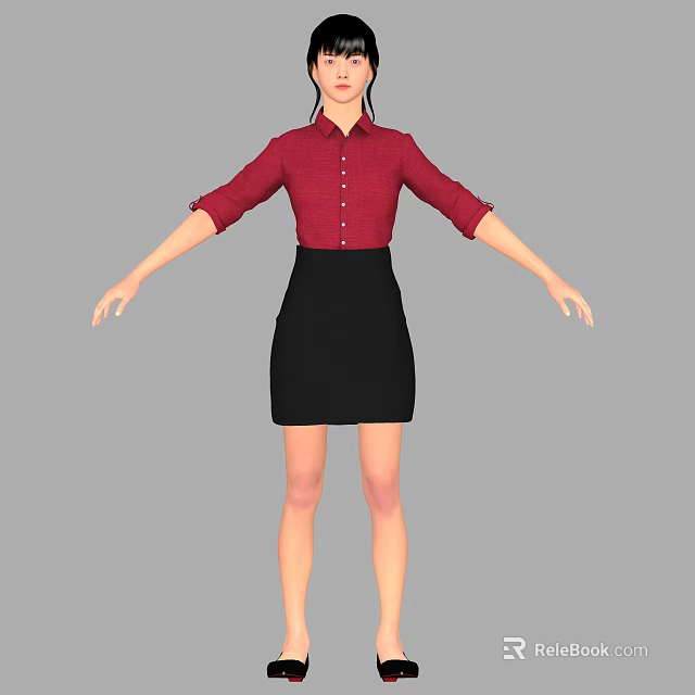 Woman in Red Shirt and Black Skirt with Arms Outstretched Standing 3d model 