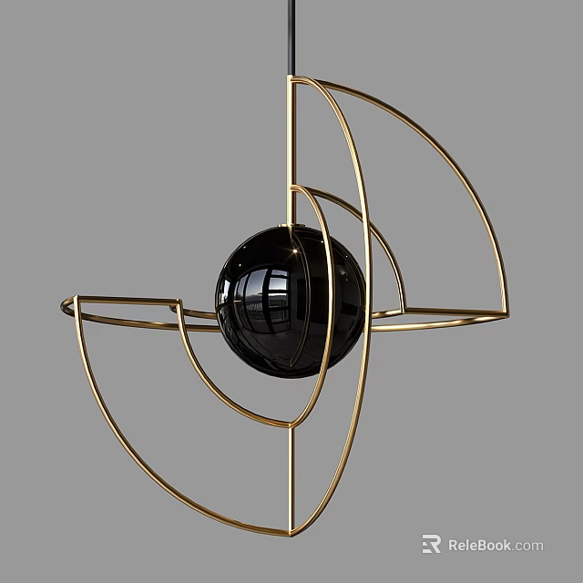 Modern Geometric Chandelier with Golden Metal Frame and Black Spherical Shade Design 3d model 