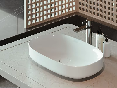 Elegant White Ceramic Washbasin On Marble Countertop With Chrome Faucet And Lattice Screen Background 3d model