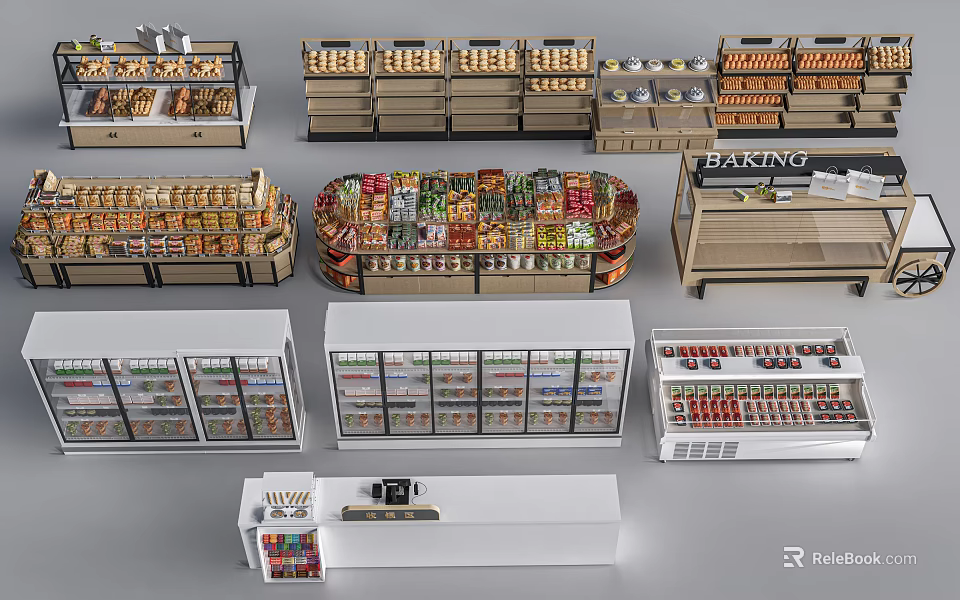 Organized Supermarket Grocery Store Featuring Product Shelves Baking Section Refrigerated Display Cases And Fruits Vegetables 3d model 