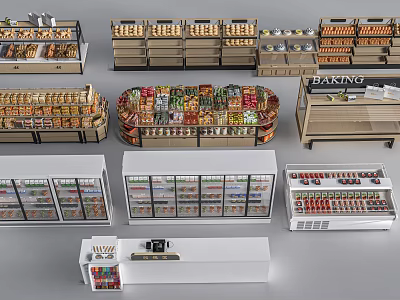 Organized Supermarket Grocery Store Featuring Product Shelves Baking Section Refrigerated Display Cases And Fruits Vegetables 3d model