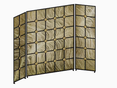 Folding Decorative Screen Featuring Golden Feather Pattern And Black Metal Frame 3d model