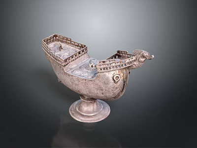 Silver Ship Shaped Decorative Vessel With Carved Details And Ornate Base 3d model