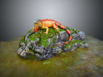 Colorful Iguana Perched on Mossy Rocks with Vibrant Scales and Greenery Around 3d model