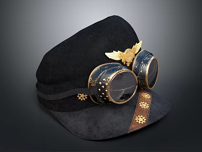 Steampunk Black Hat With Golden Wing Goggles Gear Details And Brown Strap 3d model