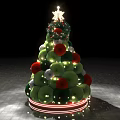Christmas Themed Art Installation With Tree Shaped Green Spheres Red Flowers And Star Top