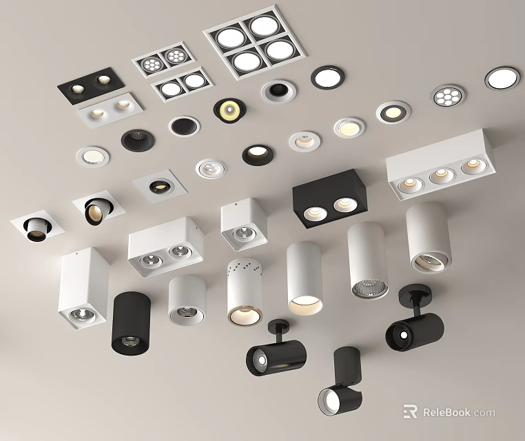 Modern Downlights And Spotlights In Various Black White Ceiling Mounted Styles 3d model