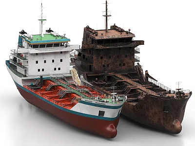 Modern Ship With White Red Hull And Rusted Old Abandoned Vessel 3d model