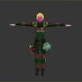 Futuristic Sci Fi Character In Armored Costume With Yellow Accents And Outstretched Arms