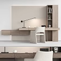 Modern Home Office Desk With Desk Lamp Comfortable Chair Wooden Bookshelf And Cup On Top