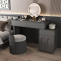 Modern Elegant Bedroom Dressing Table with Round Mirror Marble Countertop Drawers and Stool