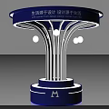 Modern Circular Exhibition Cabinet Shelf With White Curved Pillars Blue Glowing Base And Design Theme