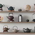 Elegant Traditional Chinese Tea Wares Displayed on Wooden Shelves with Ceramic Teapots Teacups and Canisters