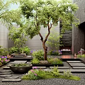 Serene Modern Courtyard Garden With Lush Trees Colorful Flowers Stone Pathways And Water Basin