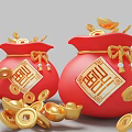 Red Fortune Bags With Fu Character And Scattered Gold Ingots Lucky Coins