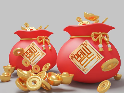 Red Fortune Bags With Fu Character And Scattered Gold Ingots Lucky Coins 3d model