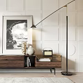 Modern Walnut TV Stand With Decorative Painting Floor Lamp And Potted Plant