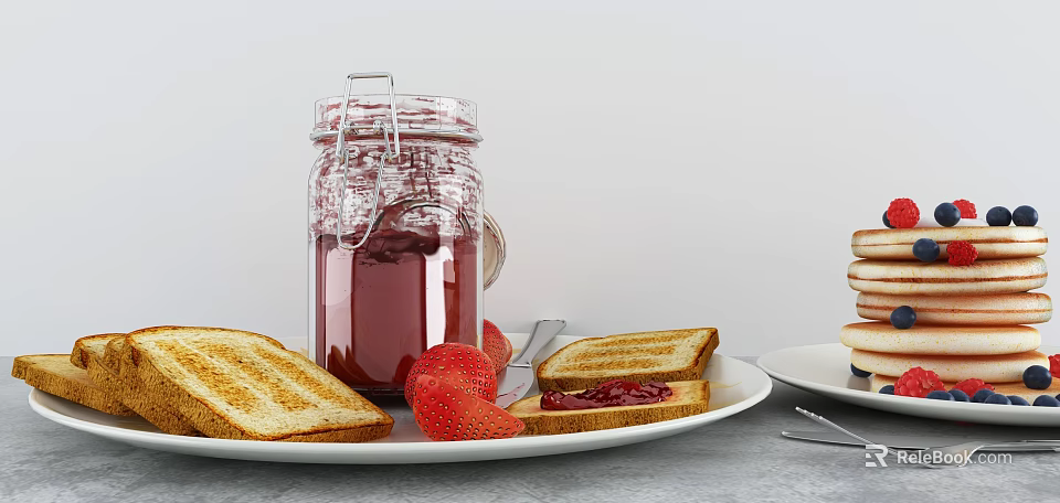 Delicious Breakfast Spread With Homemade Jam Toasted Bread Fresh Strawberries And Stacked Pancakes 3d model 
