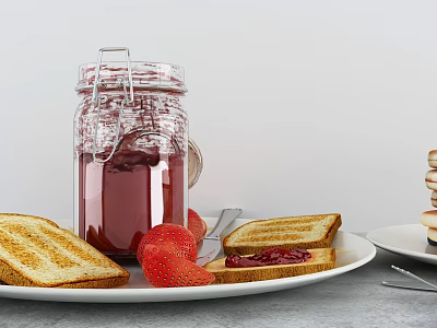 Delicious Breakfast Spread With Homemade Jam Toasted Bread Fresh Strawberries And Stacked Pancakes 3d model