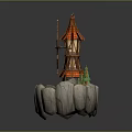 Detailed Wooden Windmill Model On Rock Base With Small Trees And Grass