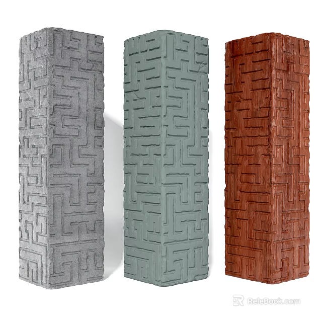 Pillars With Maze Like Patterns In Gray Light Green And Brown Colors 3d model 