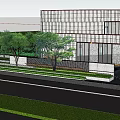Modern Building Exterior Wall With Glass Facade Stone Material And Water Feature Landscaping