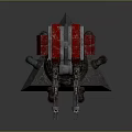 3D Model of Mechanical Device With Red Components Dual Barrels Rusty Pipes and Stone Base