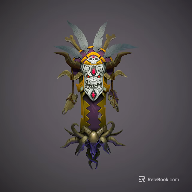 Fantasy Style Decorative Ornament Set With Feathers Skull Horns And Purple Yellow Accents 3d model 