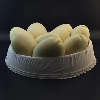 Cozy Round Bed With Yellow Pillows White Ruffled Trim And Delicate Lace Edging 3d model