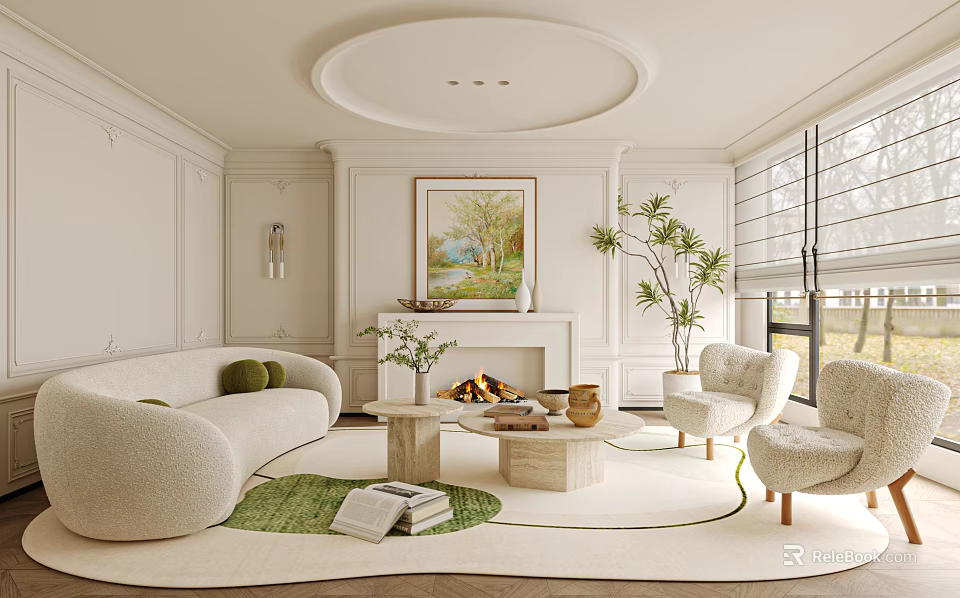 Elegant Modern Living Room Interior With Circular Ceiling Fireplace Sofa Armchairs And Green Plant 3d model 