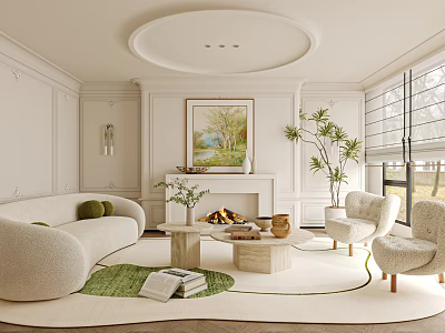 Elegant Modern Living Room Interior With Circular Ceiling Fireplace Sofa Armchairs And Green Plant 3d model