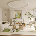 Elegant Modern Living Room Interior With Circular Ceiling Fireplace Sofa Armchairs And Green Plant