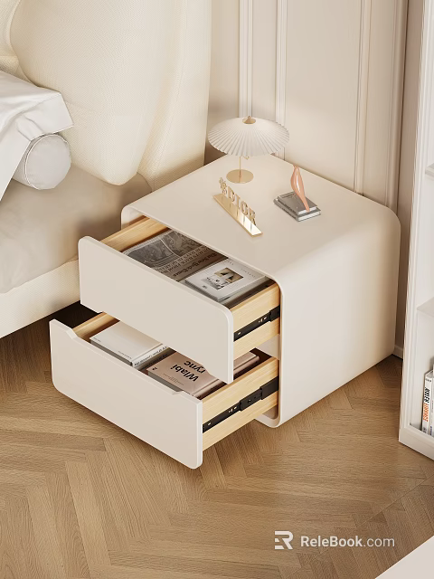 White Nightstand with Open Drawers Holding Magazines Books Topped with Lamp Decor 3d model 