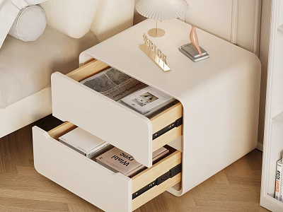 White Nightstand with Open Drawers Holding Magazines Books Topped with Lamp Decor 3d model