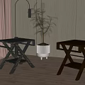 Two Wooden Stools With X Shaped Legs In Indoor Space With Potted Plant And Bookshelf