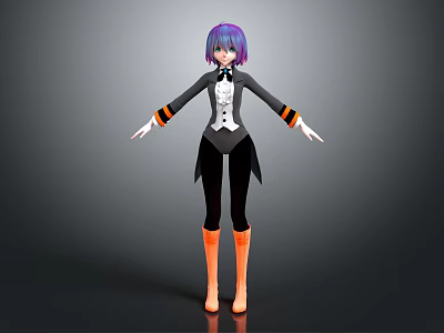 Game Movie Character With Purple Short Hair Black White Top Orange Cuffs Boots Standing Pose 3d model