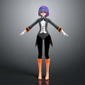 Game Movie Character With Purple Short Hair Black White Top Orange Cuffs Boots Standing Pose
