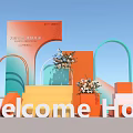 Welcome Home Event Setup With Colorful Stage Arches And Flower Bouquets 3d model