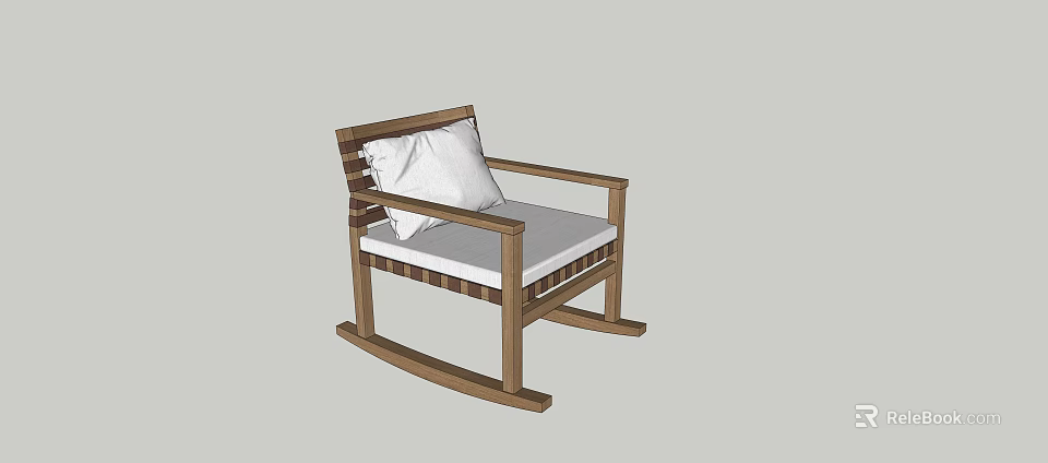 Comfortable Leisure Chair With Wooden Frame Rocking Base Armrests Gray Cushion And White Pillow 3d model 