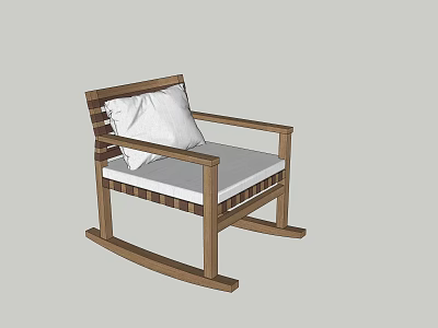 Comfortable Leisure Chair With Wooden Frame Rocking Base Armrests Gray Cushion And White Pillow 3d model